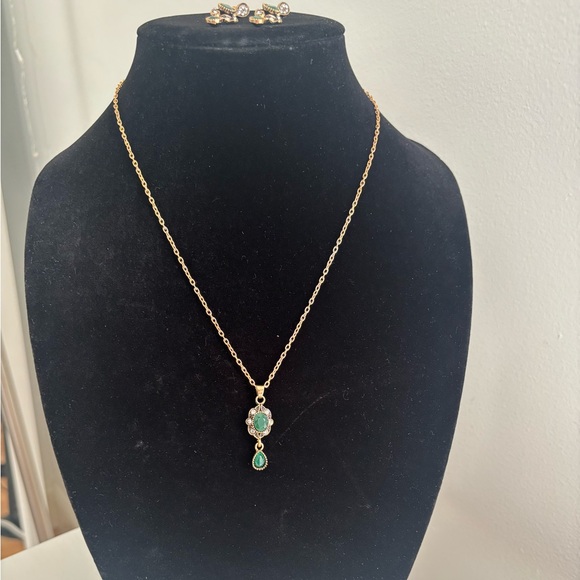 Gold-Tone Green Stone Pendant Necklace and Earring Set - Picture 7 of 7
